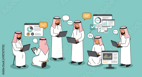 Arab Business Group Working Together Analyzing Data on Digital Screens in an Office