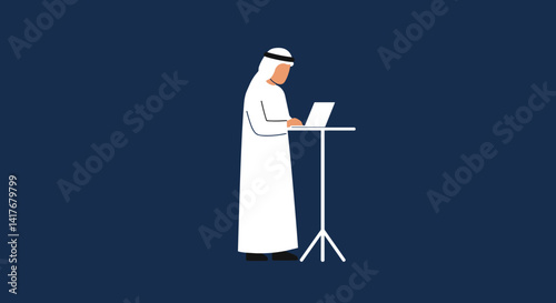 Arab Business Man In White Attire Working On Laptop At Stand Against Blue Background