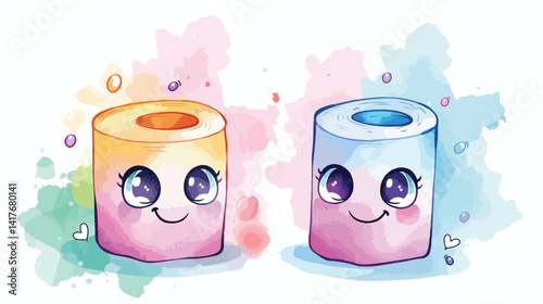 Colorful Kawaii Cartoon Toilet Paper Roll in Watercolor Illustration