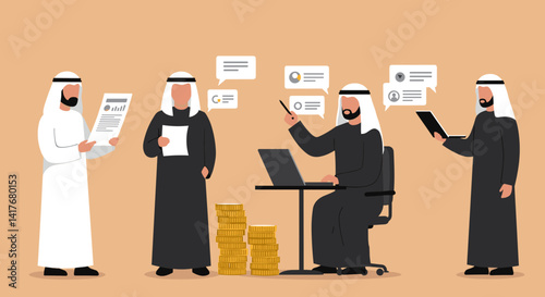 Arab Business Team Discussing Strategy with Laptop Documents and Speech Bubbles in Brown Background