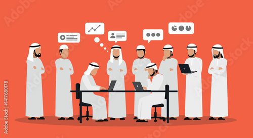 Arab Business Team Meeting In Modern Flat Design Style With Red Background And Computer Communication Elements
