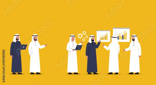 Arab Business Team in Traditional White Attire Discussing Charts on a Yellow Background