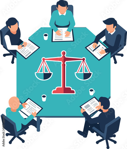 Group of business professionals discussing legal matters around table with justice scale flat vector illustration