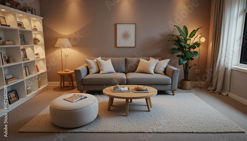 Cozy living room interior with a grey sofa, a stylish table, and a glowing lamp casting warm light in the evening