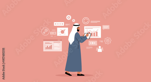 Arab Businessman Analyzing Digital Data Charts And Graphs on Screen against Pink Background