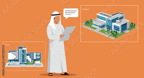 Arab Businessman In Traditional Attire Examining Construction Plans With Buildings And Speech Bubble In Orange Background