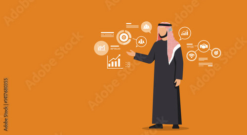 Arab Businessman In Formal Attire Presenting Digital Data Graphics On Orange Background
