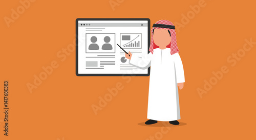 Arab Businessman in Traditional Attire Points at a Presentation Screen on Orange Background