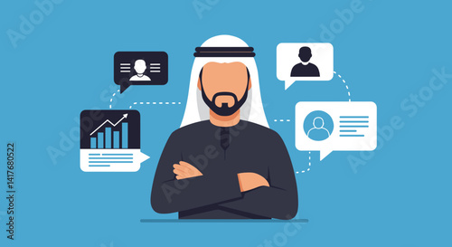 Arab Businessman in Traditional Attire with Communication Icons on a Blue Background Pixel Art Style