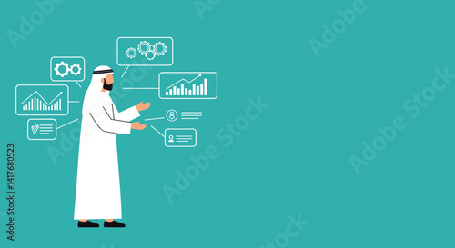 Arab Businessman in Traditional White Attire Presenting Business Data Charts on Turquoise Background