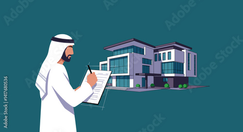 Arab Businessman In Traditional White Garb Writing On Paper In Front Of Contemporary Villa On Green Background