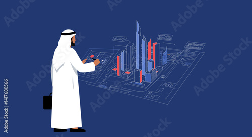 Arab Businessman in White Holding a Briefcase Examining Digital Financial Data Charts on Blue Background