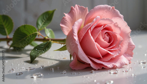 Pink rose with water droplets on a surface  