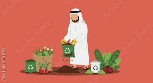 Arab Man Composting Soil Into Ground Near Plants and Recycling Bins on Red Background