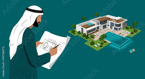 Arab Man Analyzing Architectural Plans For A Luxury Villa With Swimming Pool Set Against Turquoise Background