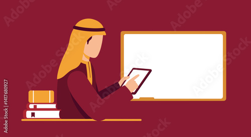 Arab Man in Maroon Robes with Tablet Standing Near Whiteboard and Stack of Books