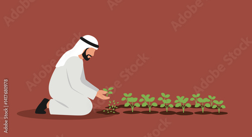 Arab Man in Traditional Attire Planting Seedlings in Brown Soil in a Pixelated Style on a Reddish Brown Background