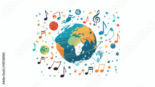 Musical Planet White Background Vector Illustration - Creative Music Concept