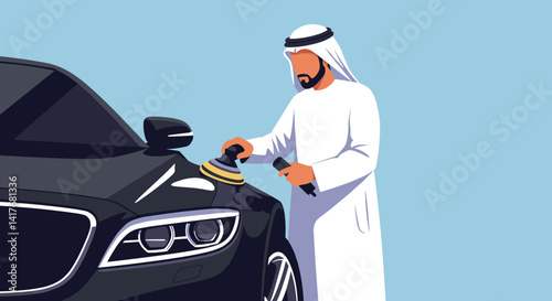 Arab Man in White Traditional Attire Polishing Black Car with Professional Machine on Blue Background