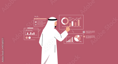 Arab Man In White Traditional Attire Pointing At Data Charts On Pink Background With Digital Interface