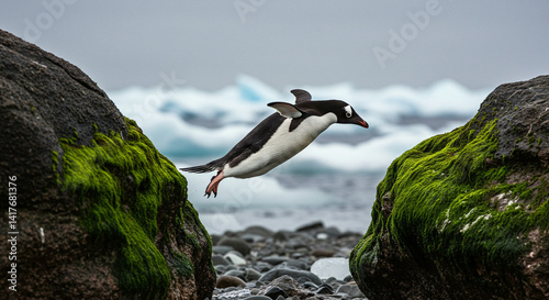 Penguin Jumping Over Rocks on Pebble Beach with Icebergs