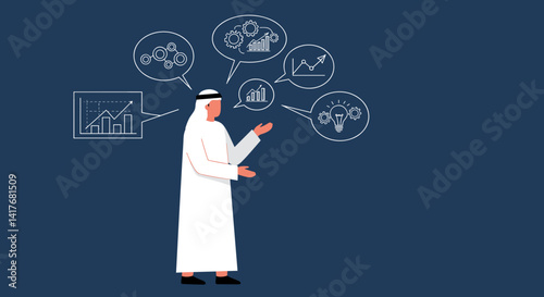 Arab Man Presenting Business Concepts with Speech Bubbles in White Thobe on Navy Blue Background