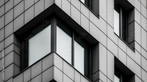 Modern building exterior, corner windows, gray tiles, city backdrop