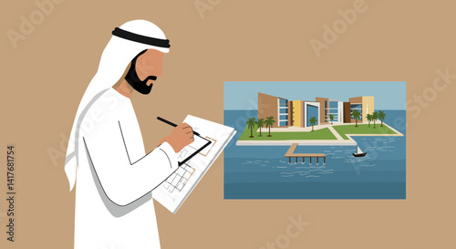 Arab Man Sketching Architectural Design with Modern Building Illustration in Pixel Art Style
