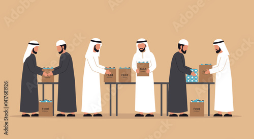 Arab Men Donating Food From Boxes On Table With Uniform White And Black Garments In Brown Background