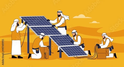 Arab Men Installing Solar Panels In Desert With Yellow And Brown Tones