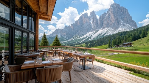 Alpine restaurant terrace with mountain views
