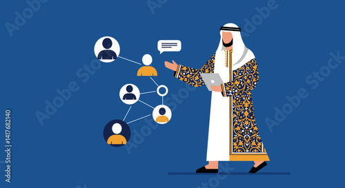 Arabian Businessman In Traditional Outfit Presenting Digital Network Connection on Blue Background