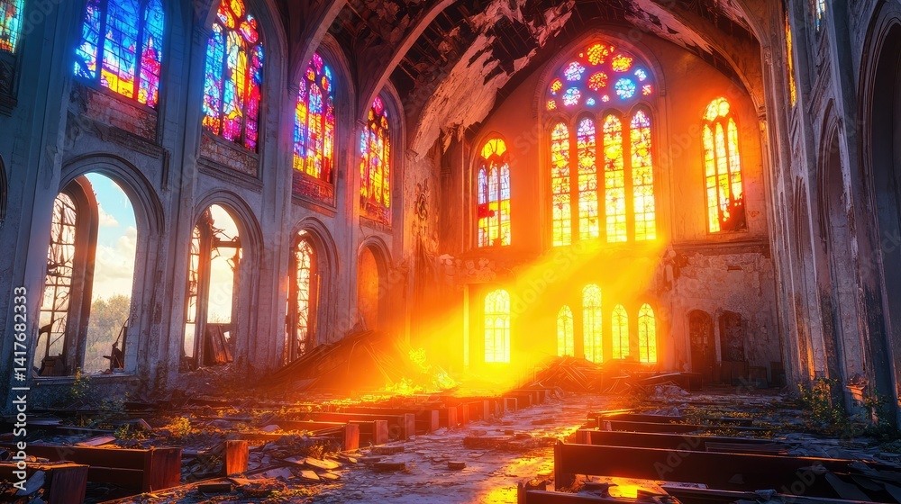 Fototapeta premium Eerie abandoned church interior with rich stained glass and fallen plaster