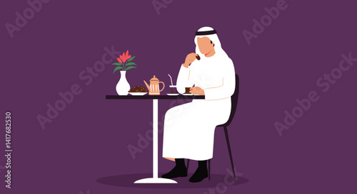 Arabian Man Drinking Tea Sitting At Table Indoor In White Dress With Purple Background