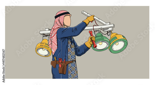 Arabian Man Holding Modern Lighting Fixtures with Traditional Headdress on Beige Background