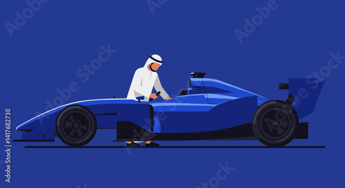 Arabian Man in White Thobe and Headdress with Blue Formula Racing Car on Blue Background