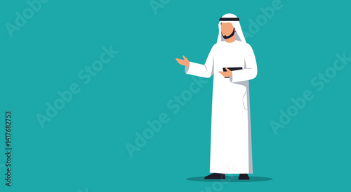 Arabian Man In White Thobe Standing And Holding Tablet Device With Hand Gesturing On Teal Background