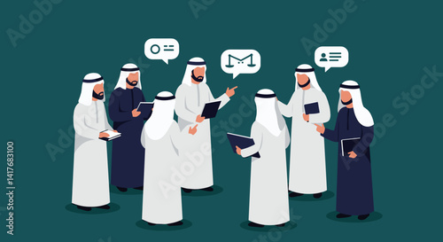 Arabian Men In White And Dark Clothing Group Discussing Business Ideas In A Dark Green Background