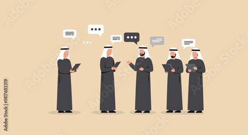 Five Arab Men In Traditional Clothing Engage In A Professional Discussion With Speech Bubbles On Beige Background