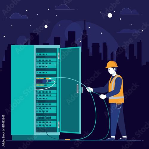 Network technician connecting cables to server rack at night cityscape flat design vector illustration