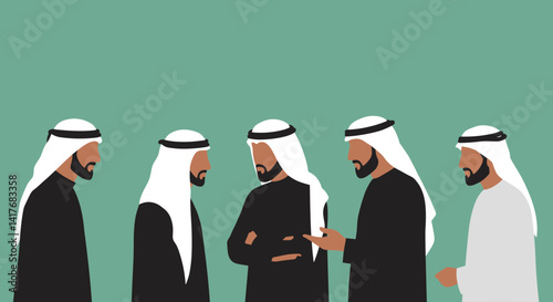 Five Arab Men in Traditional White Headdresses and Black Robes Silhouetted Against Teal Background