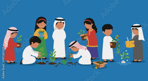 Group Of Arab Children Planting Trees On Blue Background Representing Growth And Environmental Awareness