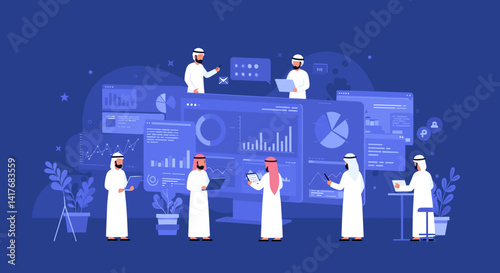 Group Of Arab Men In White Attire Analyzing Data On A Digital Interface During A Business Meeting With Pixel Style