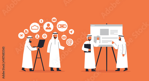 Group Of Arab Men In White Clothes Presenting A Digital Project On A Board Against Orange Background