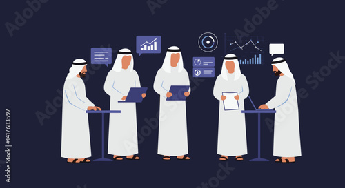 Group Of Arab Men In Traditional White Uniforms Involved In Digital Discussions Around Technology And Business Data On Dark Blue Background