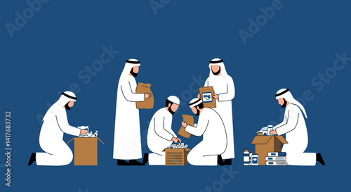Group Of Arab Men Wearing White Traditional Uniforms Distributing Goods From Cardboard Boxes Against Dark Blue Background