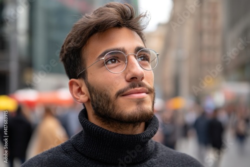 Young man gazes up hopefully on busy city street, hopeful, optimistic usage