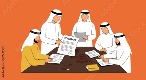 Group Of Men In Traditional White Uniforms Reviewing Contract Documents During Business Meeting Against Orange Background