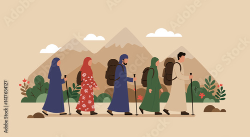 Group Of People Hiking In Mountainous Terrain With Backpacks And Hiking Sticks In Pixel Art Style