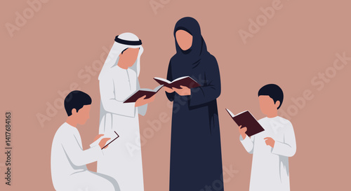 Group Of People In Traditional Attire Reading Books On Brown Background Digital Illustration